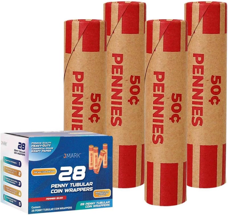 J MARK Burst Resistant Preformed Penny Coin Roll Wrappers, Made in USA, 28-Count Heavy Duty Penny Wrappers for Coins Cartridge-Style Coin Roller Tubes, Includes Coin Deposit Slip - Image 1